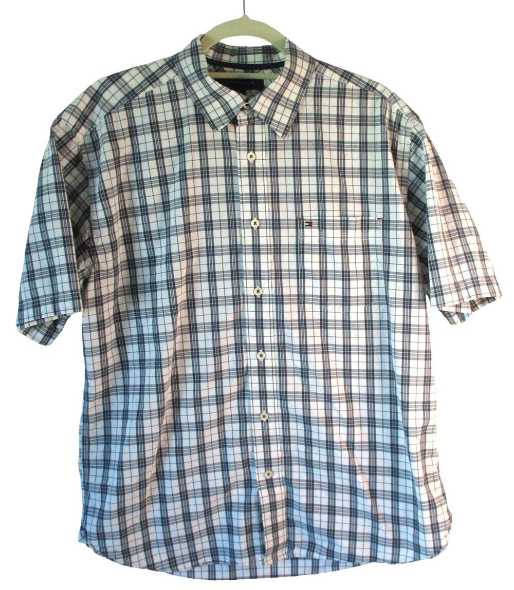 Tommy Hilfiger Men's White & Blue Checked Short Sleeve Button Down Shirt Size M.